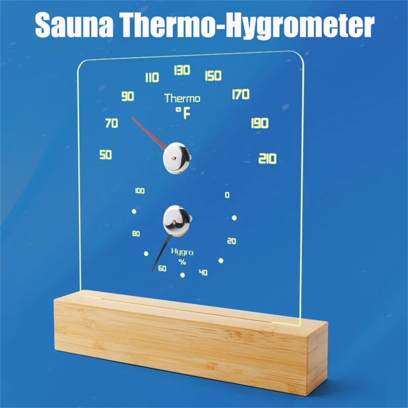 TS-JX810 Sauna Termo Hygrometer LED Baggrundsbelysning Fahrenheit Termometer Hygrometer med Bambus Base - Træfarve