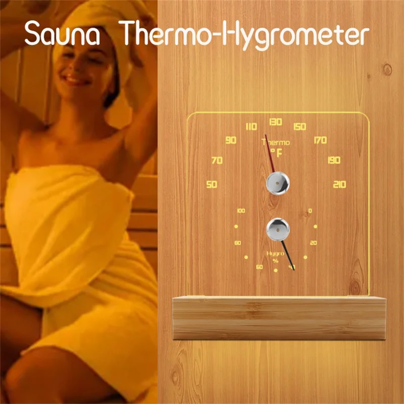 TS-JX810 Sauna Termo Hygrometer LED Baggrundsbelysning Fahrenheit Termometer Hygrometer med Bambus Base - Træfarve