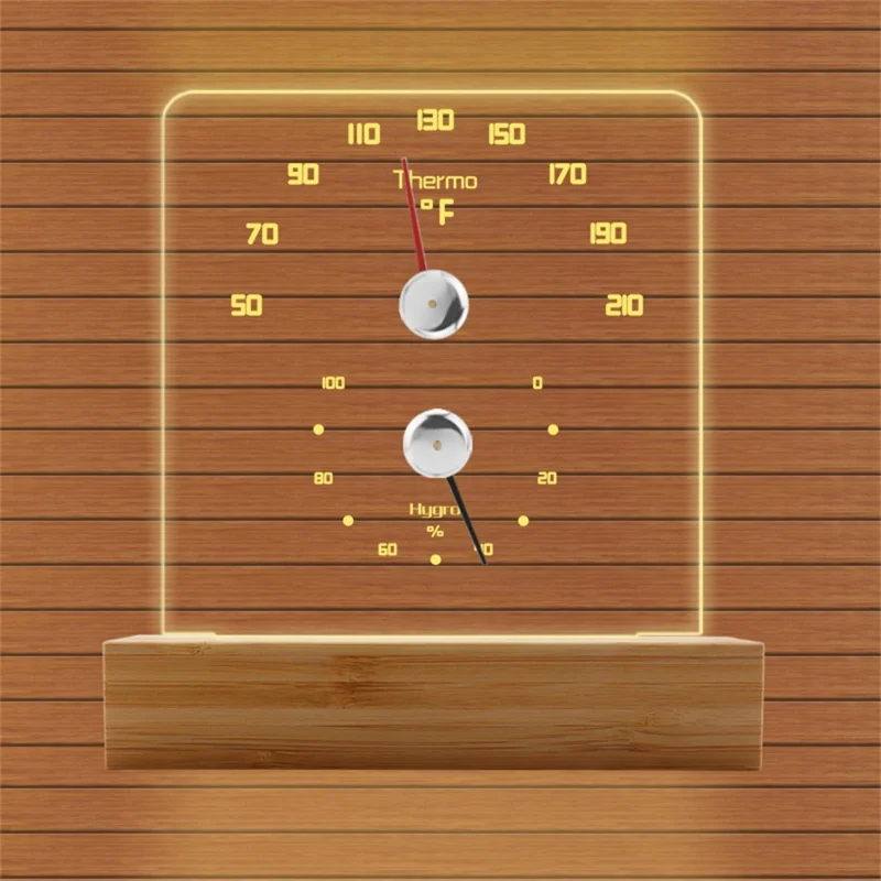 TS-JX810 Sauna Termo Hygrometer LED Baggrundsbelysning Fahrenheit Termometer Hygrometer med Bambus Base - Træfarve