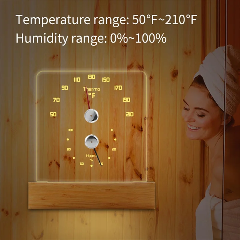 TS-JX810 Sauna Termo Hygrometer LED Baggrundsbelysning Fahrenheit Termometer Hygrometer med Bambus Base - Træfarve