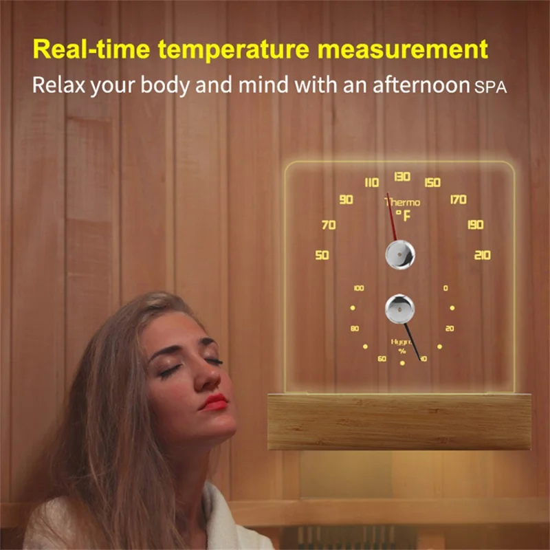TS-JX810 Sauna Termo Hygrometer LED Baggrundsbelysning Fahrenheit Termometer Hygrometer med Bambus Base - Træfarve
