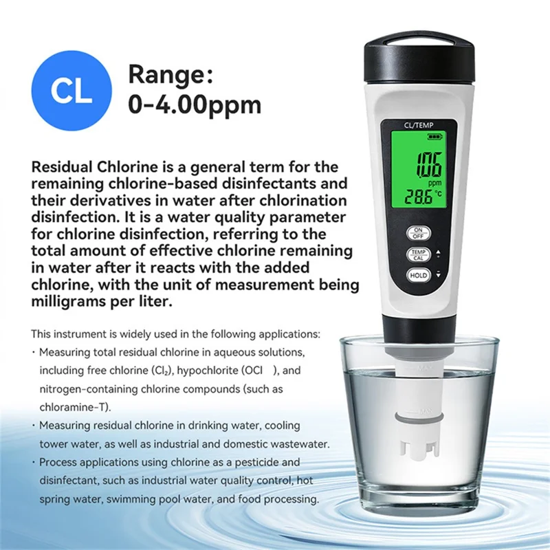 CL-M21 Swimming Pool Chlorine Tester Digital Water Quality TDS Meter 0-4.00ppm Test Pen