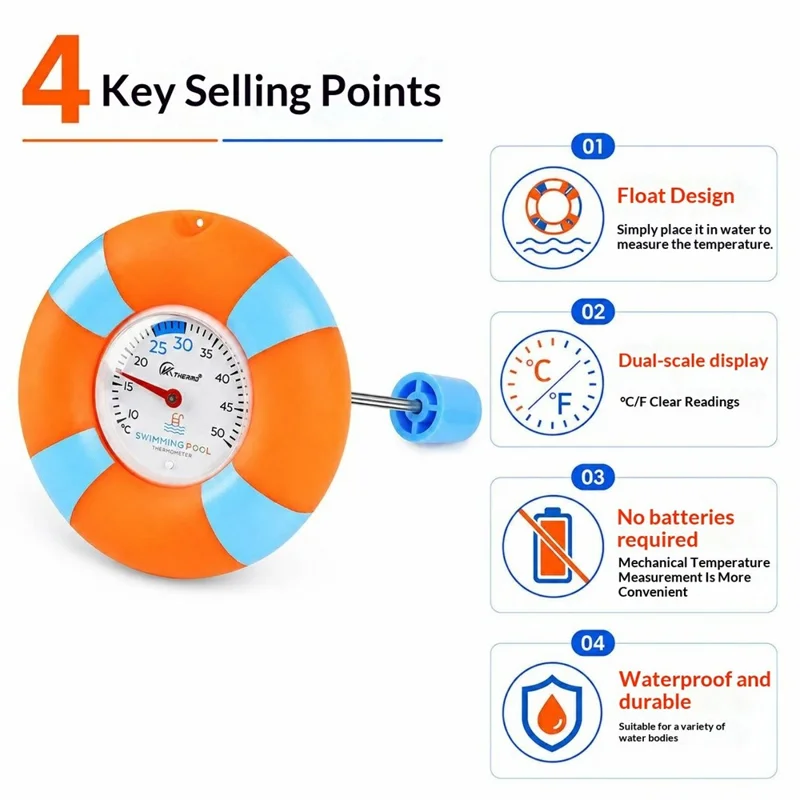 KT Y-1 Pool Thermometer Floating Mechanical Dual Scale ℉ / ℃ Water Temperature Gauge for Swimming Pool Spa Bathtub Fish Tank - Orange