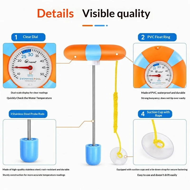 KT Y-1 Pool Thermometer Floating Mechanical Dual Scale ℉ / ℃ Water Temperature Gauge for Swimming Pool Spa Bathtub Fish Tank - Orange