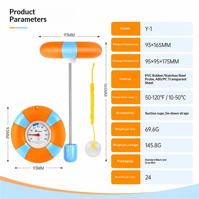 KT Y-1 Pool Thermometer Floating Mechanical Dual Scale ℉ / ℃ Water Temperature Gauge for Swimming Pool Spa Bathtub Fish Tank - Orange