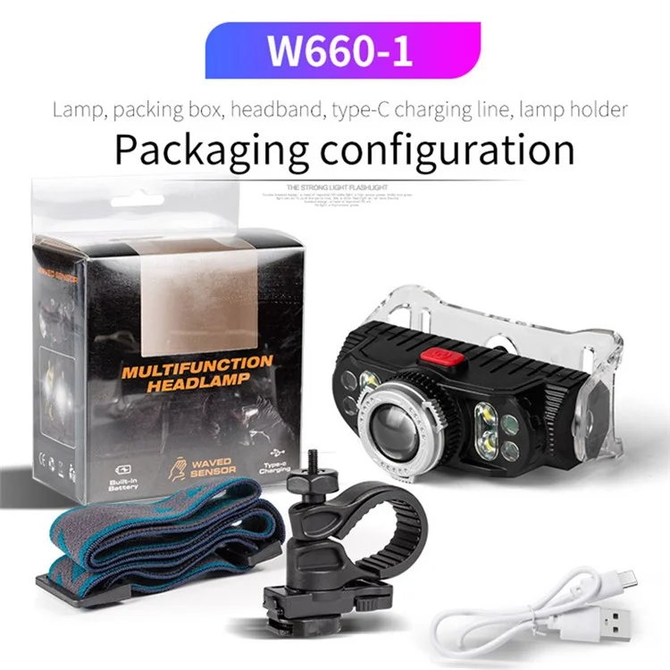 W660-1 90° Adjustable Hand Induction LED Headlight Outdoor Fishing Zoomable Single Head Lamp