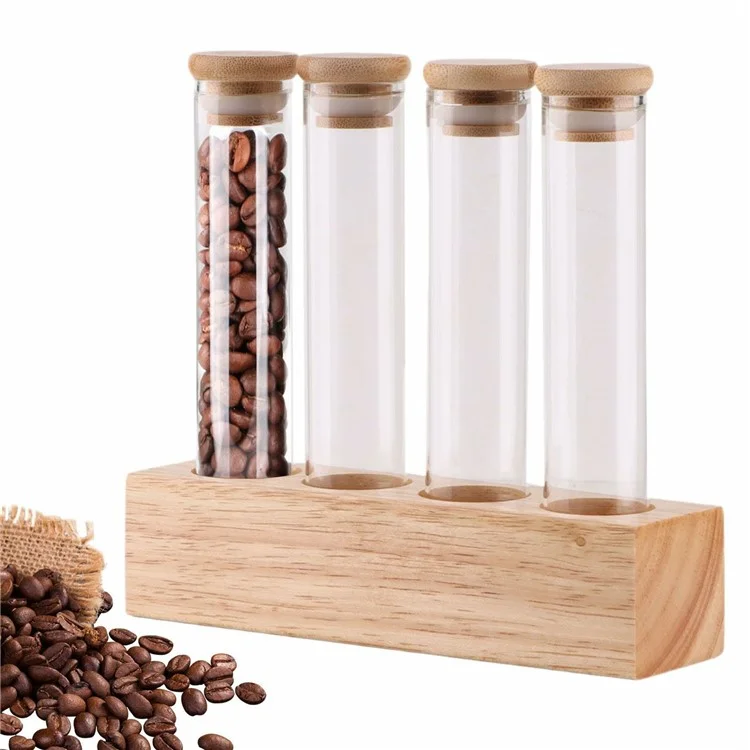 Holzgrundständer für Kaffeebohnen-Anzeige mit 4 klaren Glasröhren für Café-Bar-Theken-Aufbewahrung