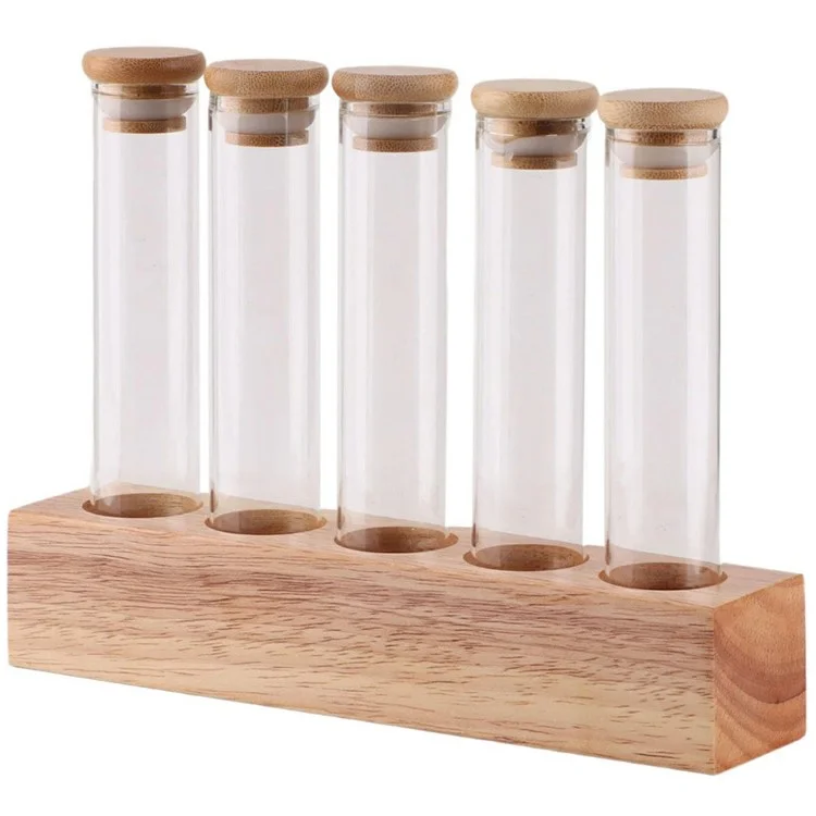 Base in legno Espositore per chicchi di caffè con 5 tubi in vetro trasparente per la conservazione del bancone del bar