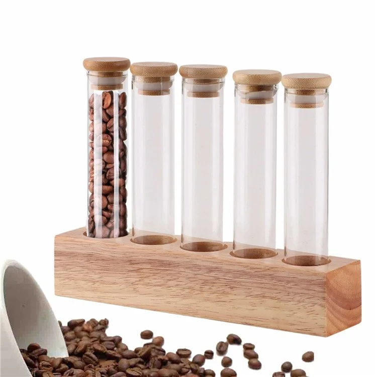 Base in legno Espositore per chicchi di caffè con 5 tubi in vetro trasparente per la conservazione del bancone del bar