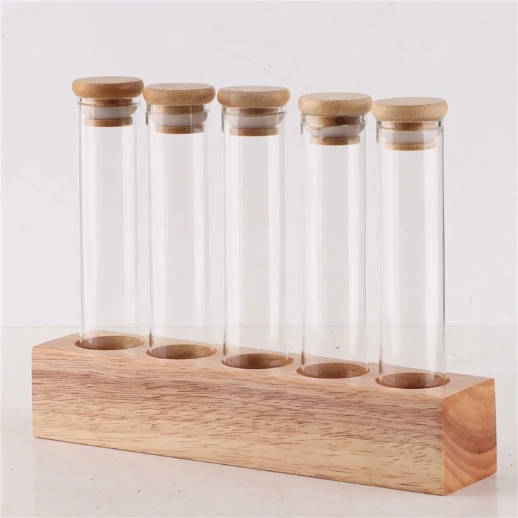 Base in legno Espositore per chicchi di caffè con 5 tubi in vetro trasparente per la conservazione del bancone del bar