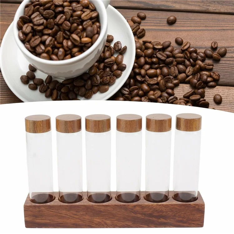 Holzfuß-Kaffeebohnen-Ausstellungsständer mit 6 klaren Glasröhren und Trichter für Café-Bar-Theken-Aufbewahrung - Nussbaum