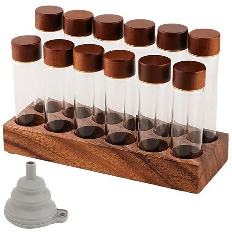 Holzfuß-Kaffeeböhnendisplay-Ständer mit 12 klaren Glasröhren und Trichter für die Café-Bar-Theken-Aufbewahrung - Walnuss