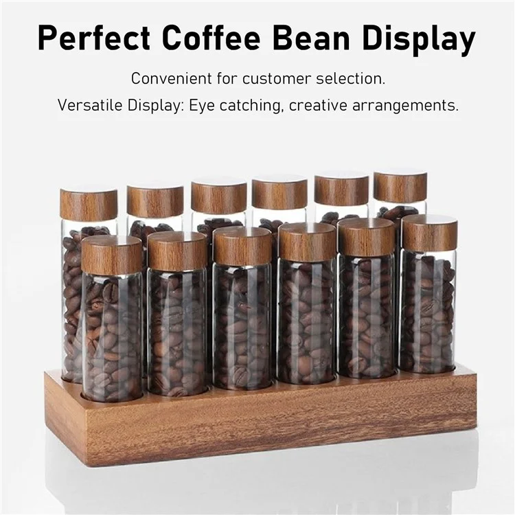 Holzfuß-Kaffeeböhnendisplay-Ständer mit 12 klaren Glasröhren und Trichter für die Café-Bar-Theken-Aufbewahrung - Walnuss