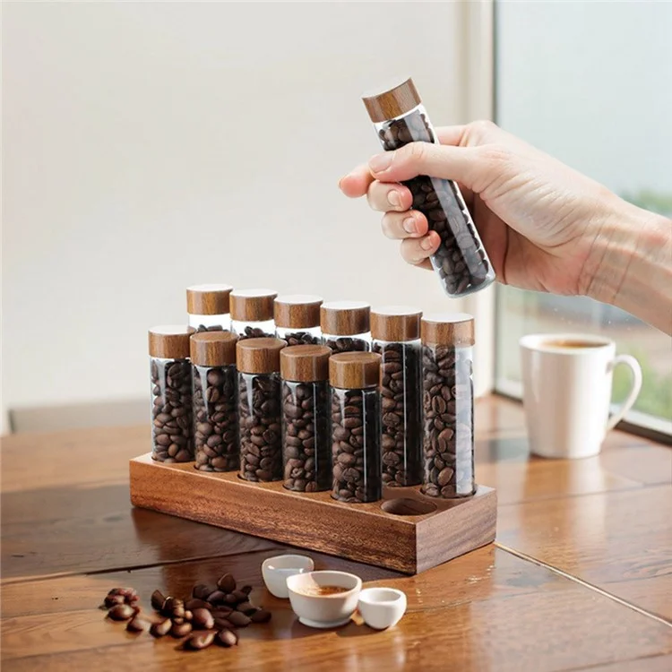 Holzfuß-Kaffeeböhnendisplay-Ständer mit 12 klaren Glasröhren und Trichter für die Café-Bar-Theken-Aufbewahrung - Walnuss