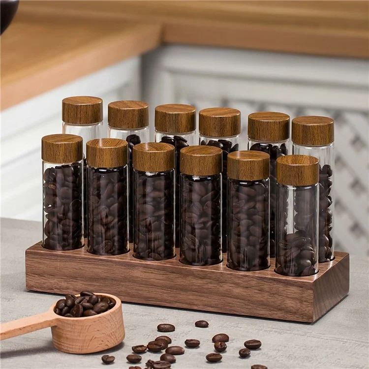 Holzfuß-Kaffeeböhnendisplay-Ständer mit 12 klaren Glasröhren und Trichter für die Café-Bar-Theken-Aufbewahrung - Walnuss