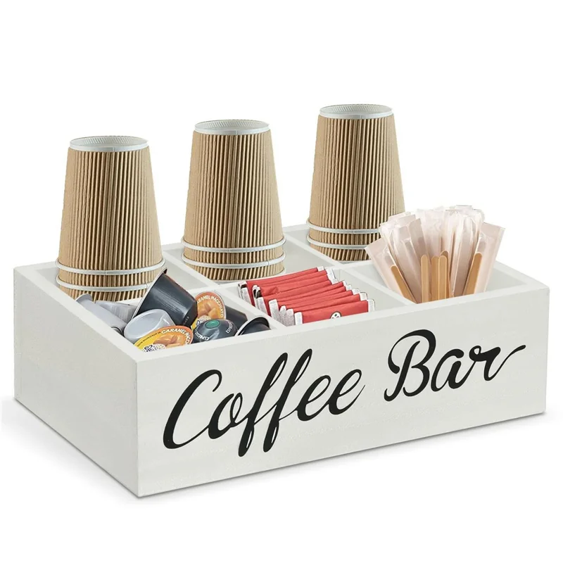 Organizador de Estación de Café de Madera con Dispensador de Bolsitas de Té para Hogar / Oficina / Hotel - Blanco