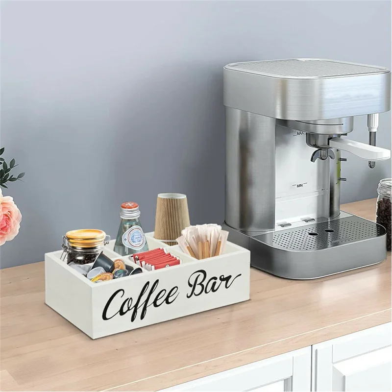 Organizador de Estación de Café de Madera con Dispensador de Bolsitas de Té para Hogar / Oficina / Hotel - Blanco