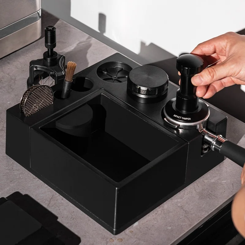 Espresso Tamping Station Zubehör-Organizer mit Knock Box für 51 / 53 / 58mm Portafilter (BPA-frei, Keine FDA) - Schwarz