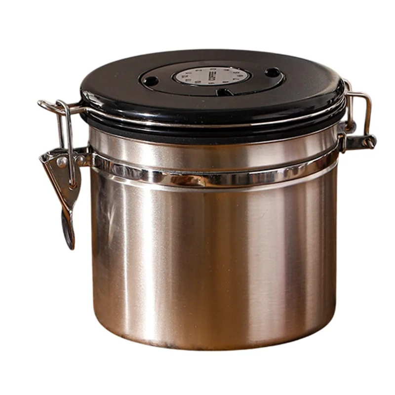 304 Rustfrit Stål Kaffebøtte 1,2 L Madopbevaringsbeholder med Datoovervågning, Skuffe til Kaffe, Bønner - Sølv