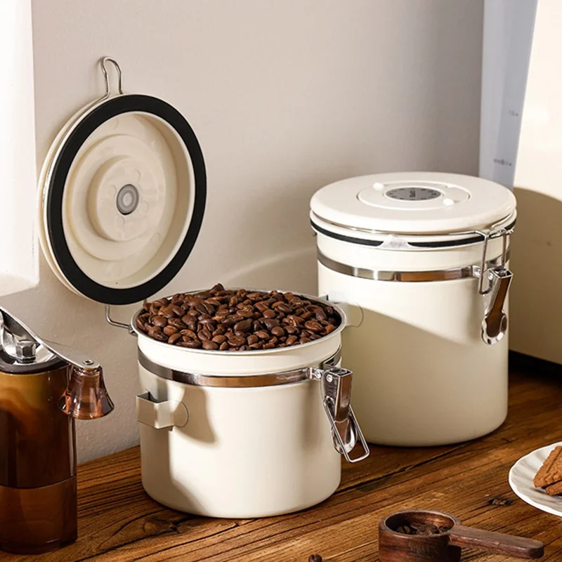 304 Rustfrit Stål Kaffebøtte 1,2 L Madopbevaringsbeholder med Datoovervågning, Skuffe til Kaffe, Bønner - Sølv