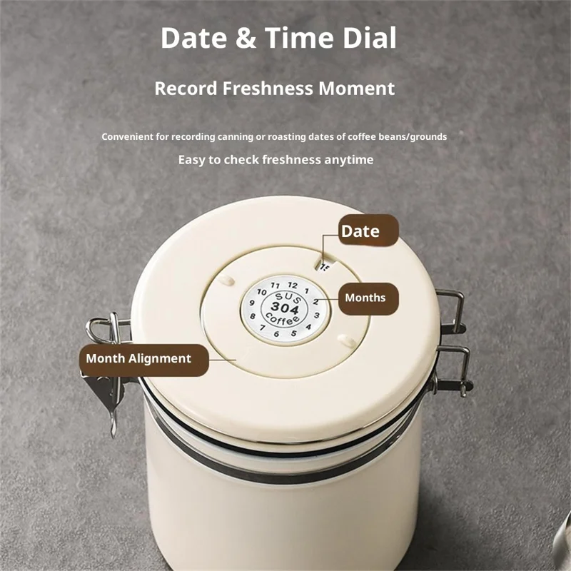 304 Rustfrit Stål Kaffebøtte 1,2 L Madopbevaringsbeholder med Datoovervågning, Skuffe til Kaffe, Bønner - Sølv
