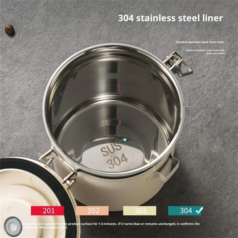 304 Rustfrit Stål Kaffebøtte 1,2 L Madopbevaringsbeholder med Datoovervågning, Skuffe til Kaffe, Bønner - Sølv