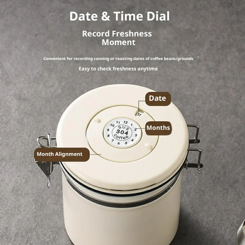 304 Stainless Steel Coffee Canister 1.8L Food Storage Container with Date Tracker, Scoop for Coffee, Beans - White