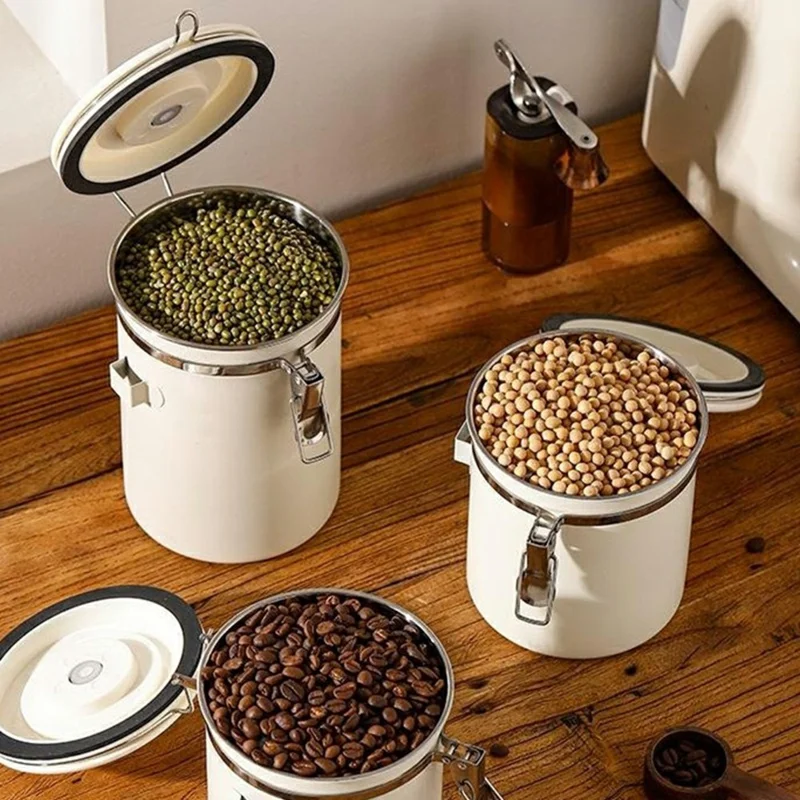 304 Stainless Steel Coffee Canister 1.8L Food Storage Container with Date Tracker, Scoop for Coffee, Beans - White