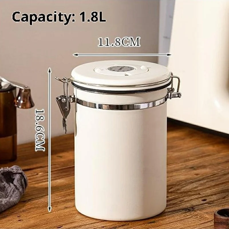 304 Stainless Steel Coffee Canister 1.8L Food Storage Container with Date Tracker, Scoop for Coffee, Beans - White