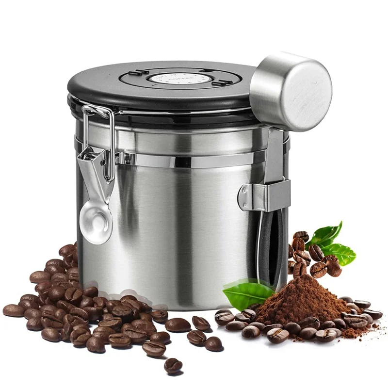 Coffee Bean Storage Container 1200ml Stainless Steel Airtight Canister with CO2 Valve For Coffee Grounds Tea - Silver