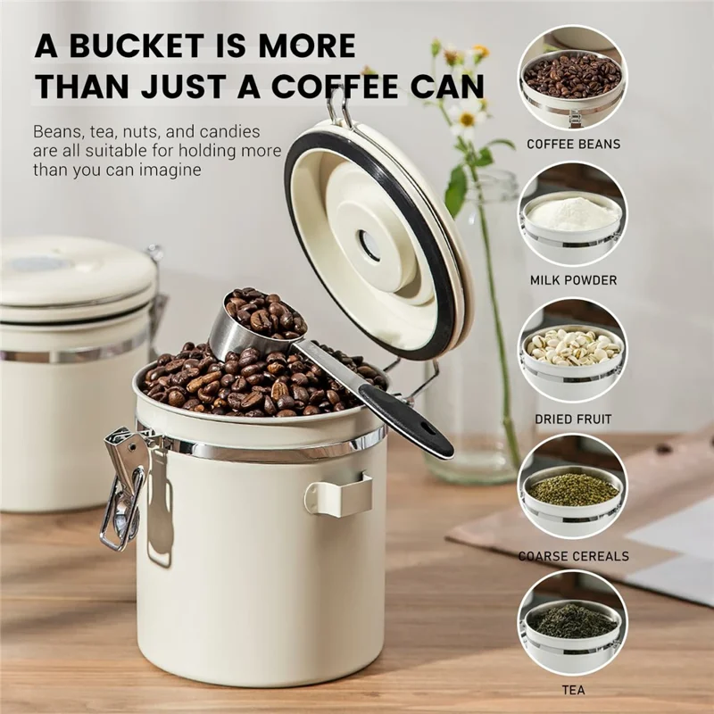 Coffee Bean Storage Container 1200ml Stainless Steel Airtight Canister with CO2 Valve For Coffee Grounds Tea - Silver