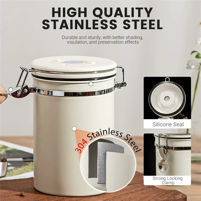 Coffee Bean Storage Container 1500ml Stainless Steel Airtight Canister with CO2 Valve For Coffee Grounds Tea - Beige