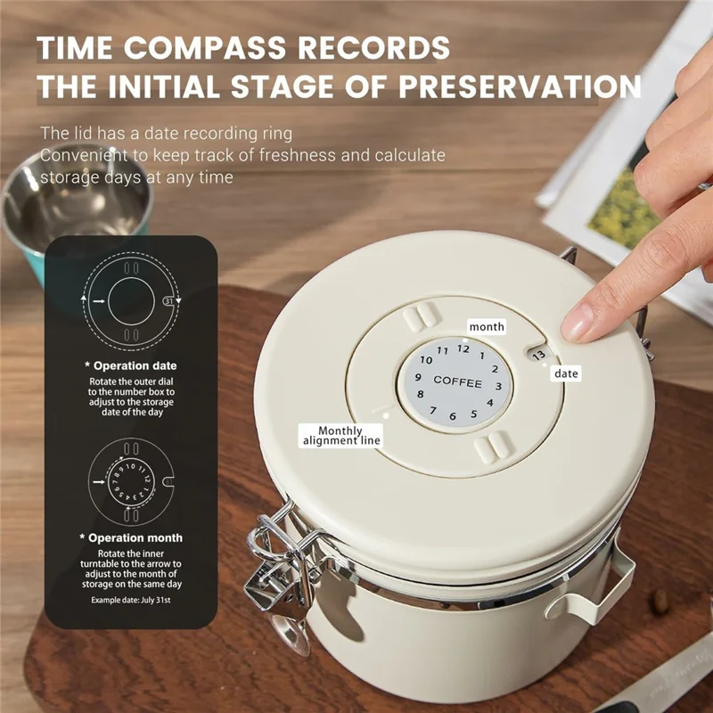 Coffee Bean Storage Container 1500ml Stainless Steel Airtight Canister with CO2 Valve For Coffee Grounds Tea - Beige