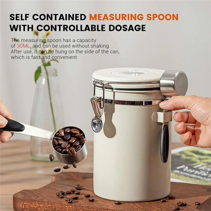 Coffee Bean Storage Container 1500ml Stainless Steel Airtight Canister with CO2 Valve For Coffee Grounds Tea - Beige