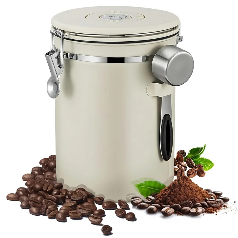 Coffee Bean Storage Container 1800ml Stainless Steel Airtight Canister with CO2 Valve For Coffee Grounds Tea - Beige