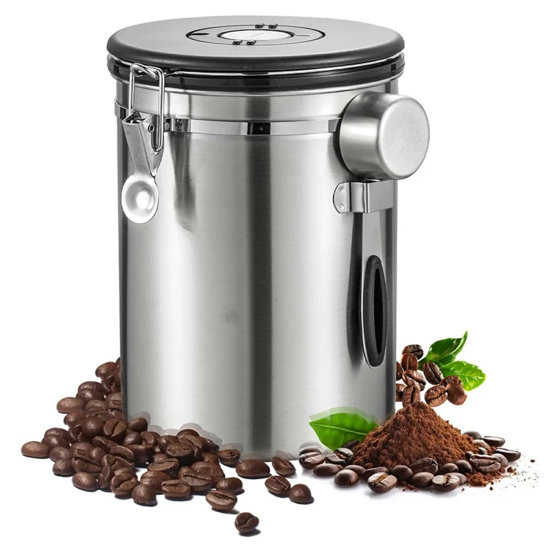 Coffee Bean Storage Container 2800ml Stainless Steel Airtight Canister with CO2 Valve For Coffee Grounds Tea - Silver