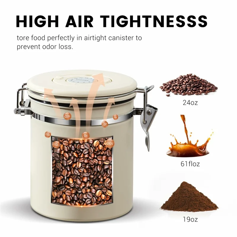Coffee Bean Storage Container 2800ml Stainless Steel Airtight Canister with CO2 Valve For Coffee Grounds Tea - Silver
