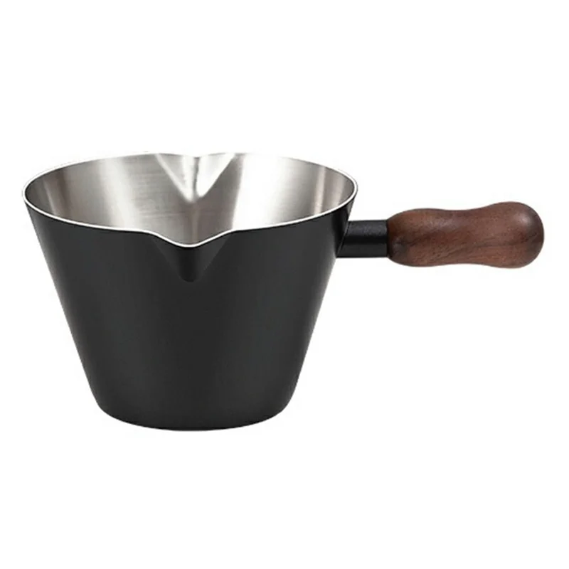 Tasse à expresso en acier inoxydable avec manche en noyer, 100 ml, avec bec verseur et échelle pour barista - Noir