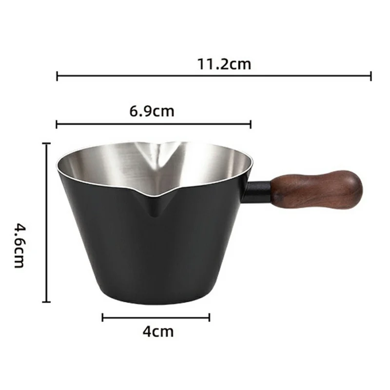 Tasse à expresso en acier inoxydable avec manche en noyer, 100 ml, avec bec verseur et échelle pour barista - Noir