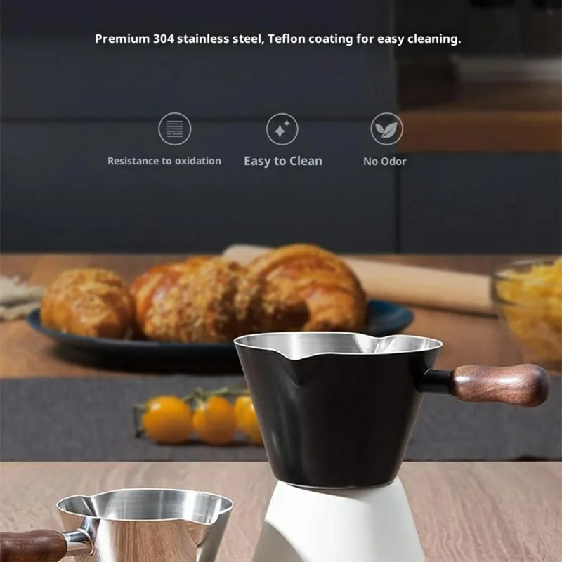 Tasse à expresso en acier inoxydable avec manche en noyer, 100 ml, avec bec verseur et échelle pour barista - Noir