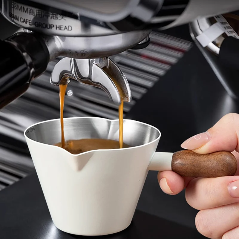 Walnut Handle Espresso Shot Glass 200ML Stainless Steel Measuring Cup With Spout And Scale For Barista - Black
