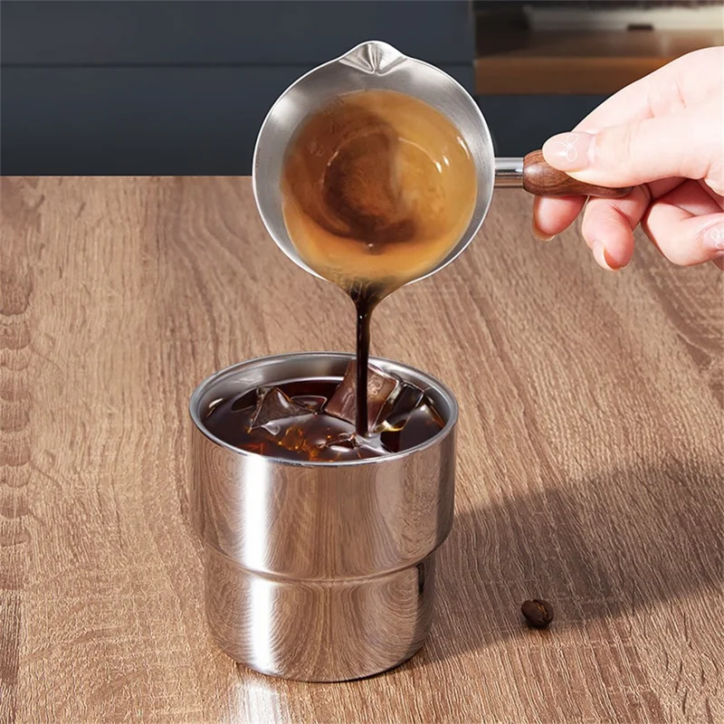 Walnut Handle Espresso Shot Glass 200ML Stainless Steel Measuring Cup With Spout And Scale For Barista - Black