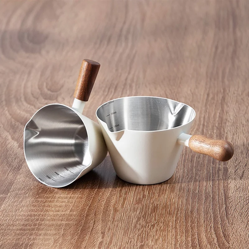 Walnut Handle Espresso Shot Glass 200ML Stainless Steel Measuring Cup With Spout And Scale For Barista - Black