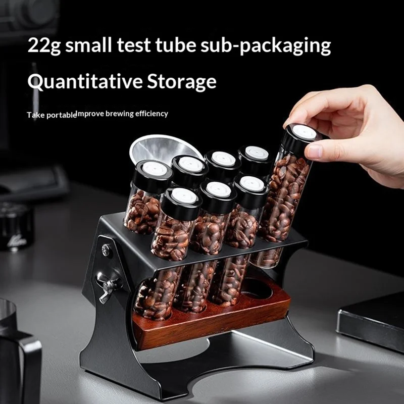 Juego de almacenamiento para granos de café con estante ajustable y 8 frascos de vidrio/funel - Negro