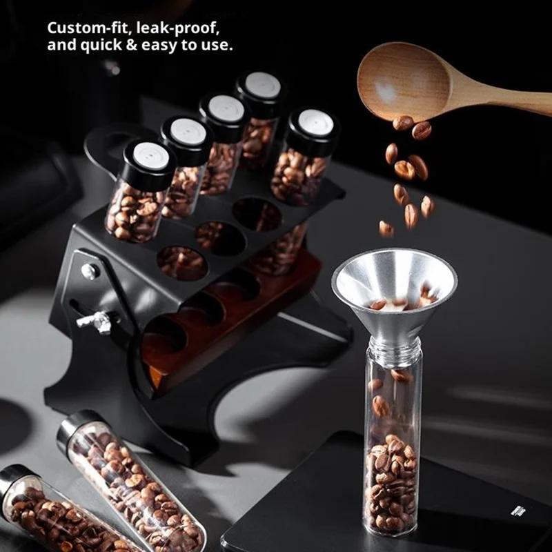 Juego de almacenamiento para granos de café con estante ajustable y 8 frascos de vidrio/funel - Negro