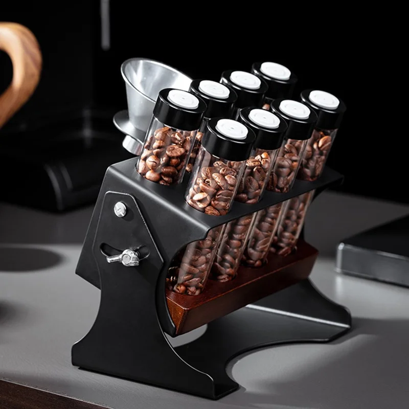 Juego de almacenamiento para granos de café con estante ajustable y 8 frascos de vidrio/funel - Negro