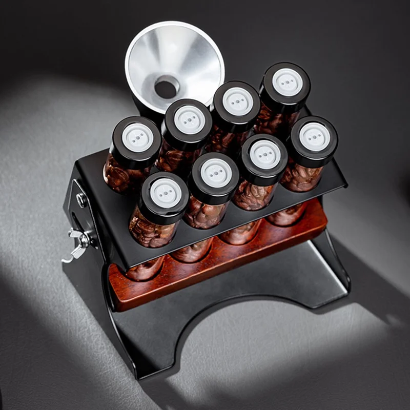 Juego de almacenamiento para granos de café con estante ajustable y 8 frascos de vidrio/funel - Negro