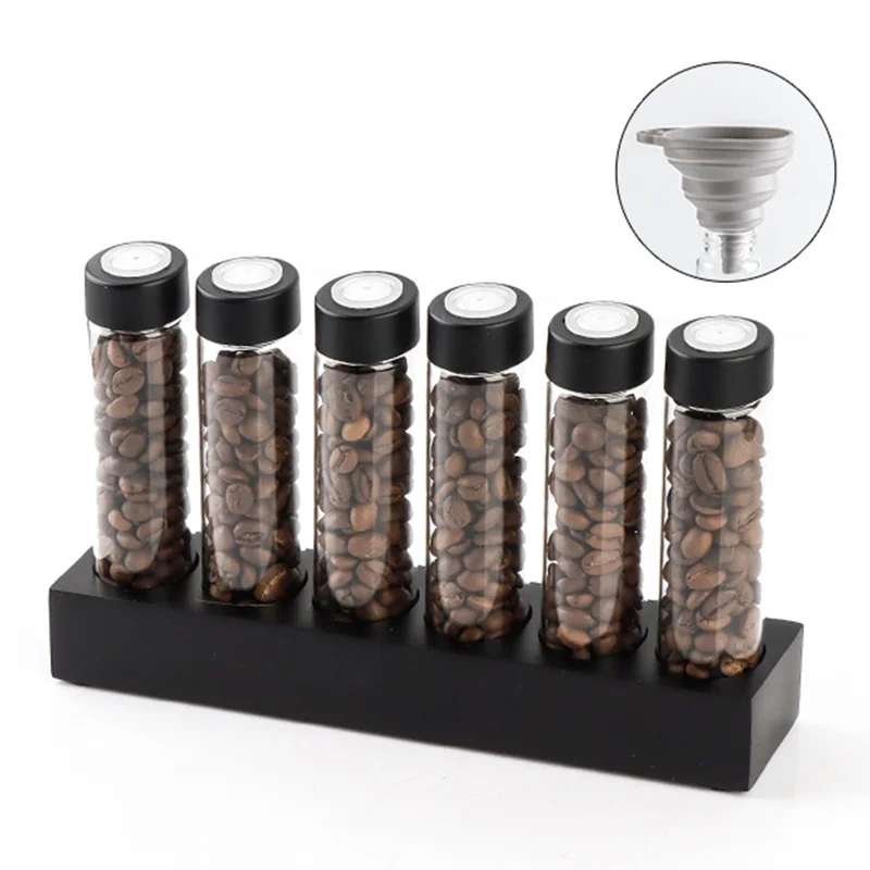 Estante de exhibición para granos de café con base de madera de 6 orificios y 6 frascos de vidrio - Negro