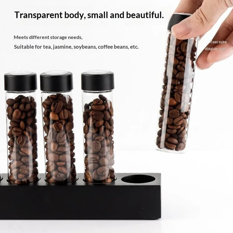 Estante de exhibición para granos de café con base de madera de 6 orificios y 6 frascos de vidrio - Negro