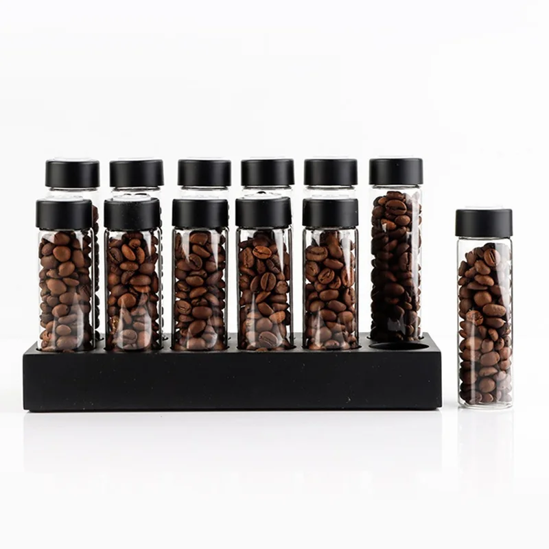 Espositore per Fagioli di Caffè con Base in Legno da 12 Fori con 12 Barattoli in Vetro - Nero